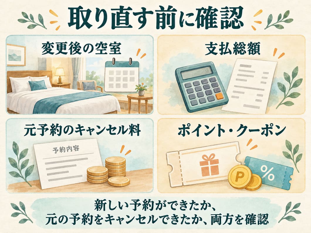 ベッド、電卓、取消料の明細、ポイント・クーポンを表す抽象アイコン