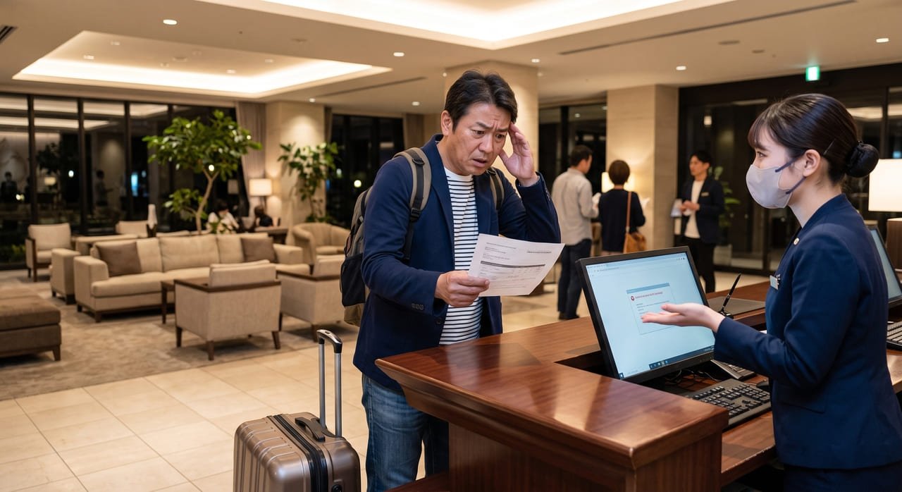 ホテルのフロントで予約がなく困惑する男性