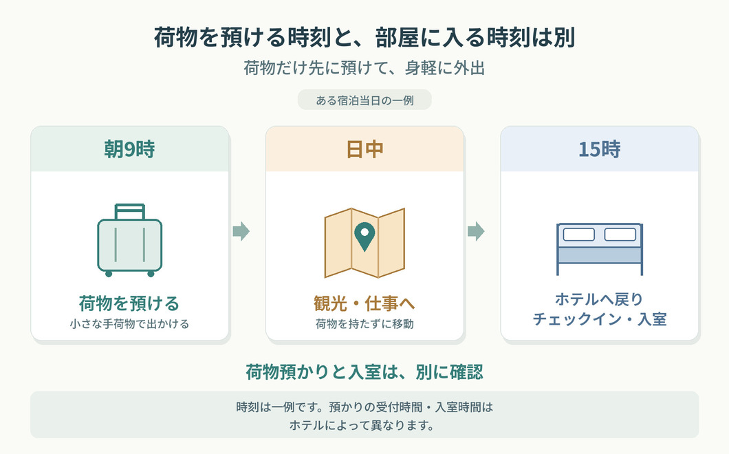 「朝9時:荷物を預ける」「日中:観光・仕事へ」「15時:ホテルへ戻り、チェックイン」を時系列で示した図
