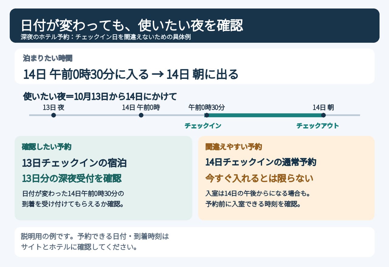 深夜の日付を間違えないための具体例を説明する図