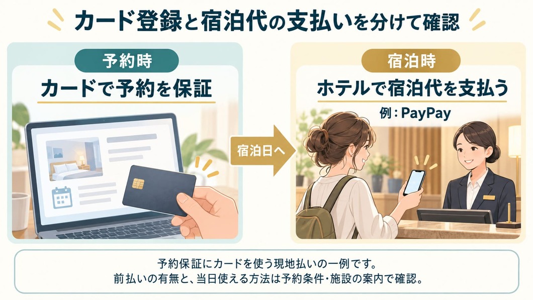 予約時にカードで予約を保証し、宿泊時にホテルでPayPayを使って宿泊代を支払う一例。