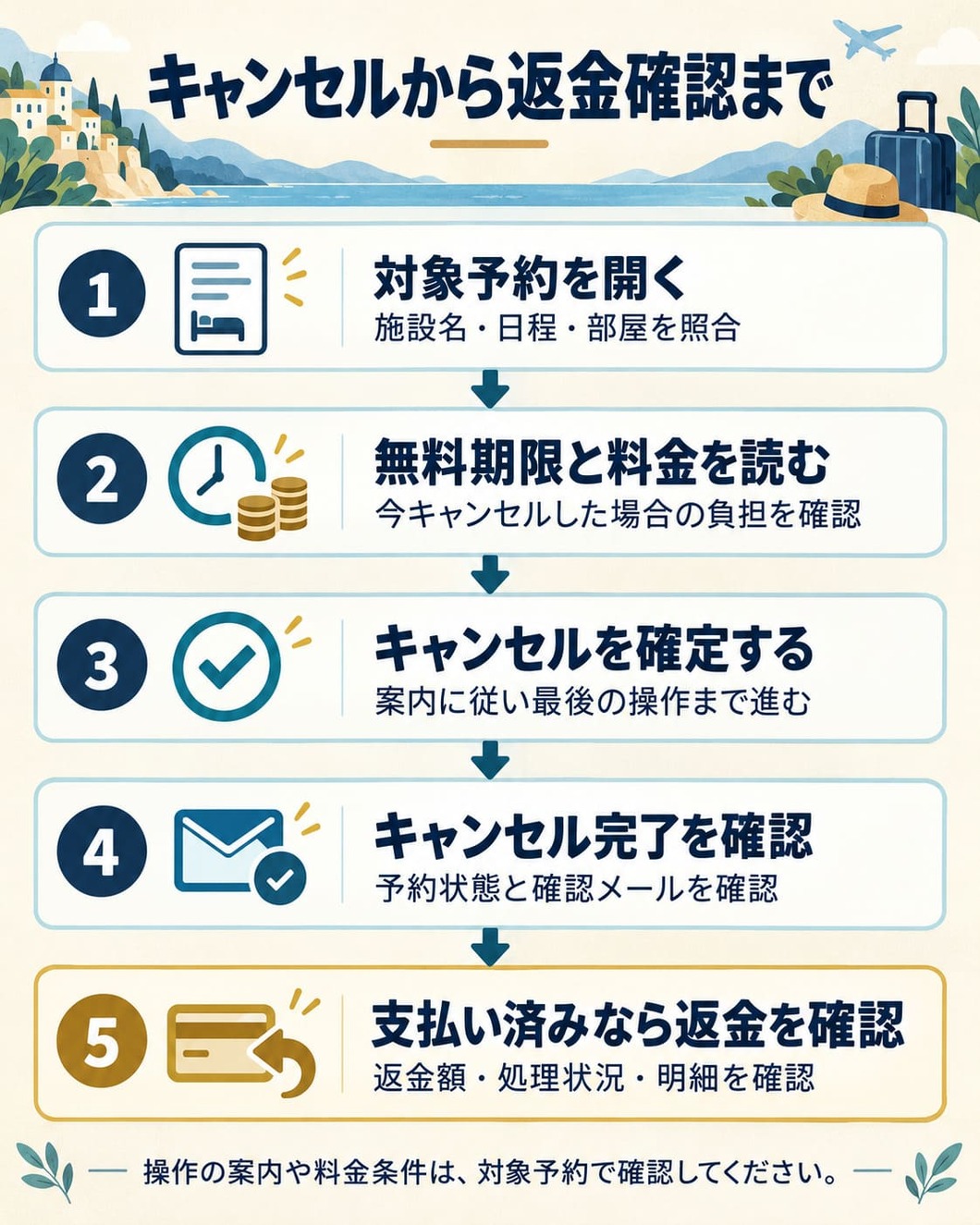 Booking.comで対象予約と料金を確認し、キャンセルを確定して、完了と返金を確認する5ステップ