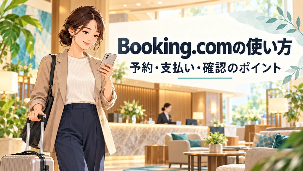 ホテルを探す人とスマートフォン、落ち着いたホテルのフロント