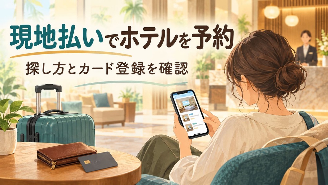 旅行かばんと財布をそばに置き、スマートフォンで現地払いのホテル予約を探す人。