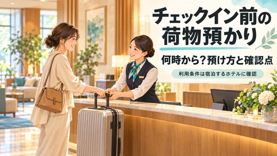 ホテルのフロントで、旅行者がスーツケースを預ける相談をする場面