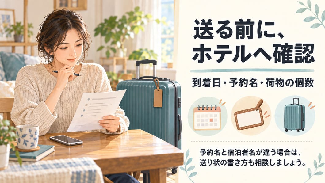 旅行者が発送前のスーツケースと送り状のメモを確認する場面のイメージ