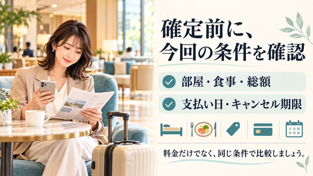 宿泊者が予定と予約条件を確認する場面