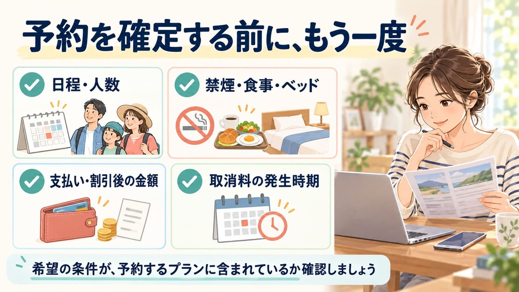 旅行者が旅程メモと予約内容を照合する場面。