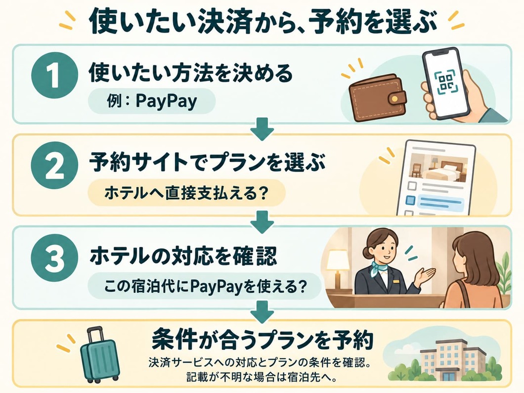 使いたい決済を決め、現地払いプランとホテルの対応を確認して予約する流れ。
