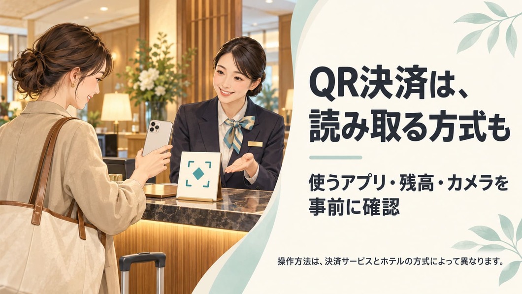 フロントの台に置かれた読み取り用の案内を、宿泊者が自分のスマートフォンで確認する穏やかな場面。