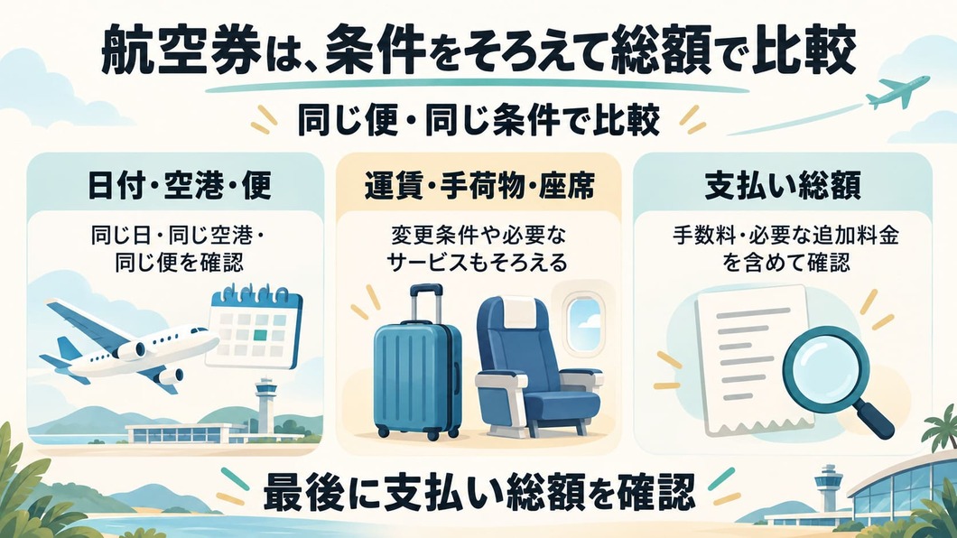 「日付・空港・便」「運賃・手荷物・座席」「支払い総額」の三つの確認項目