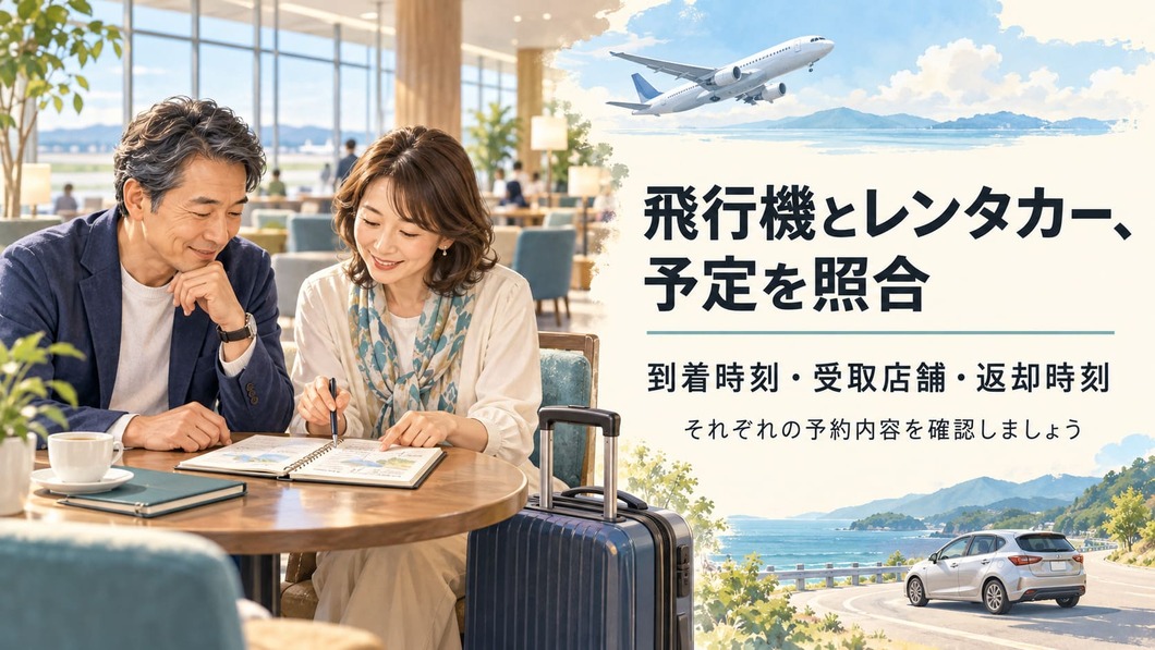旅行者が航空便とレンタカーの予定をメモで確認するイメージ